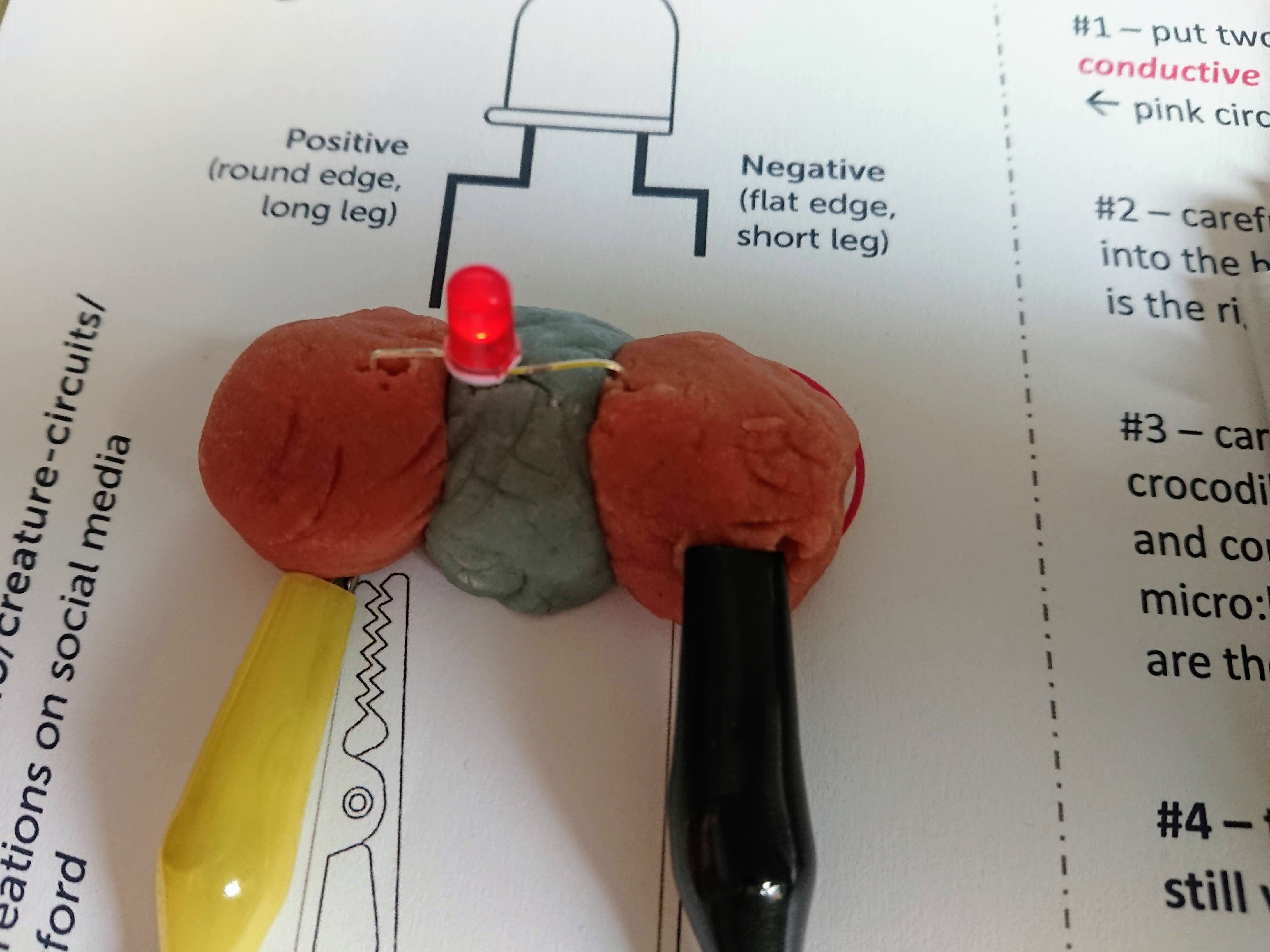 photograph of working circuit - LED and crocodile clips in two pieces of pink dough, with blue dough in between